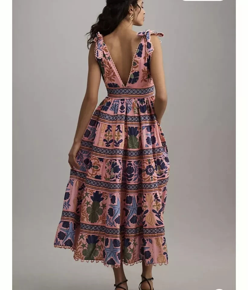 Farm Rio New Anthropologie Seashell Tapestry Midi Dress Pink Size L NWT |  eBay