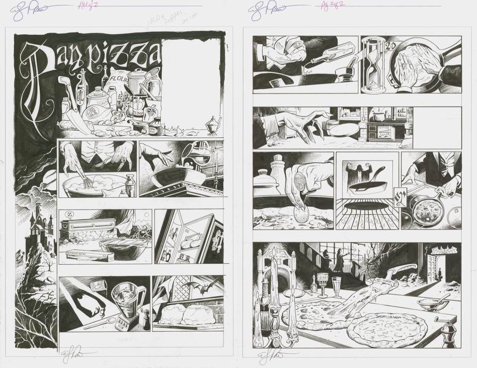 Dracula Pan Pizza Recipe Andy Price Original Horror Comic Art Double Page Spread Comic Art