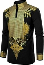 Men's Print Shirt African Luxury Tribal Gold Top Blouse Shirt Long Sleeves