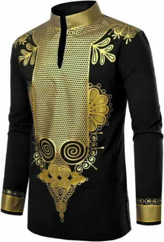 Hot Men Print Shirt African Dashiki Luxury Tribal Metallic Gold Top Blouse Shirt - Picture 7 of 17