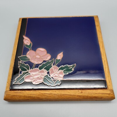 Wood Framed Ceramic Tile Trivet With Rich Royal Blue Background And Pink Flowers