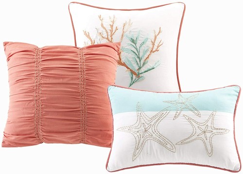 NEW! ~ COASTAL CORAL BEACH BLUE TEAL AQUA CORAL SEASHELL NAUTICAL SOFT QUILT SET - Picture 5 of 5
