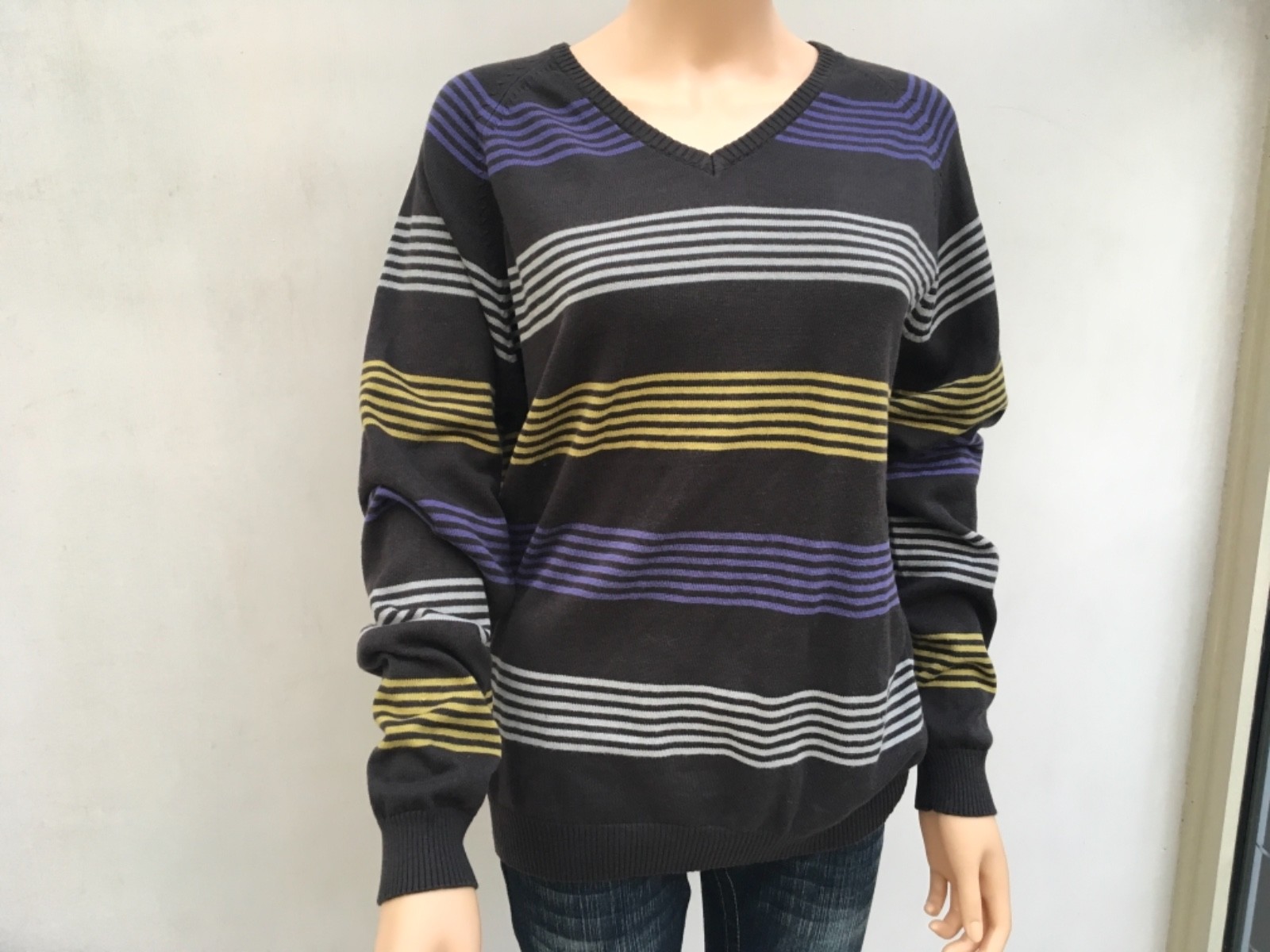 Springfield Men Cotton Jumper Size L Charcoal & Multi Stripes Design V Neck image 2