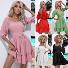 Womens Tie Back Summer Dress Square Neck Long Lantern Sleeve A-Line Mini Dresses