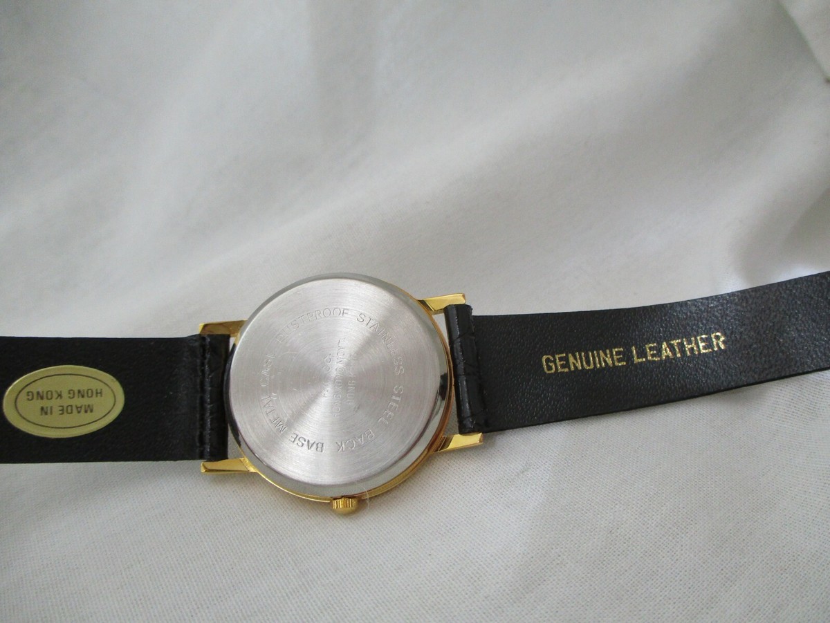 Vintage Geneva Black & Gold Watch, Textured Leather Buckle Band With Animal Hide Geneva Watch Black Genuine Leather Buckle Band Gold Toned  main image 2