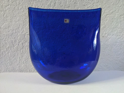 Vintage Blenko Cobalt Blue Art Glass Vase with Blenko Handmade Sticker