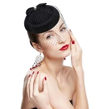 Fumwase 20s 50s Fascinators Hats Pillbox Mesh Net Veil Party Hat One Size Black