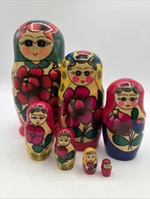 8” Floral Lady Wooden Russian Nesting Dolls Large 7 Piece Set