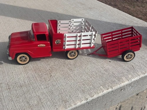 Vintage Tonka Farms Red Stake Truck Pressed Steel Tonka Truck WITH TRAILER