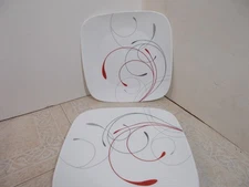 Corelle SPLENDOR Set of 5 Square Dinner Plates White w/Red, Gray Scrolls 10-1/2"