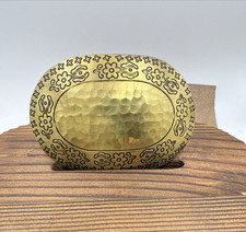 Oval Hammered Floral Stamped Metal Belt Buckle Gold Tone Handmade Vintage