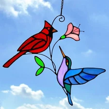 Stained Glass Red Cardinal with Hummingbird Suncatcher Window Hanging Ornamen...