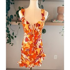 Urban Outfitters Floral Ruched Ruffle Mini Dress Orange Yellow Groovy Y2K Retro