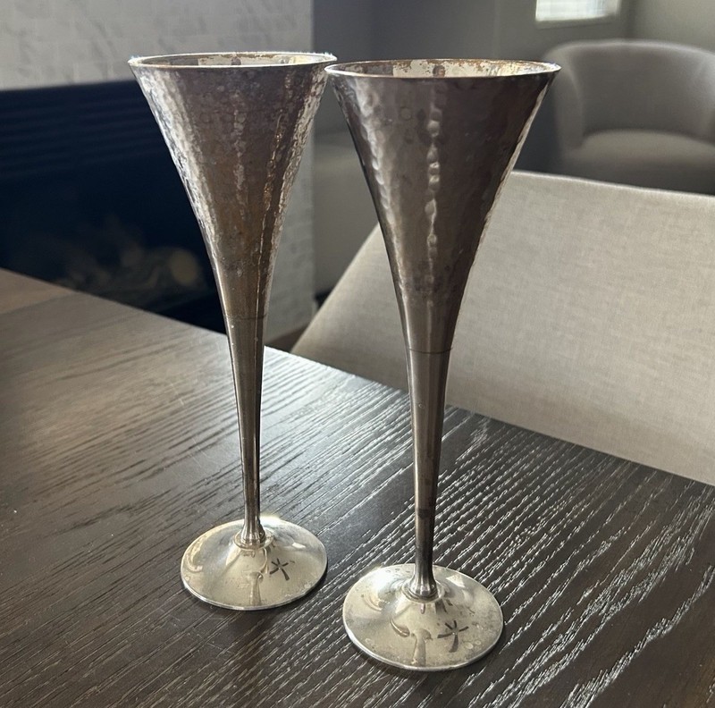 Pair Hammered Silverplate Champagne Flutes / Trumpet Goblet Style