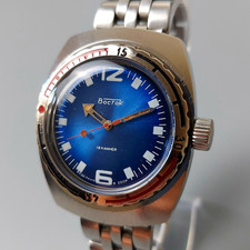 Orologio da polso sovietico vintage Vostok Wostok orologio anfibio 18 gioielli diapositiva blu