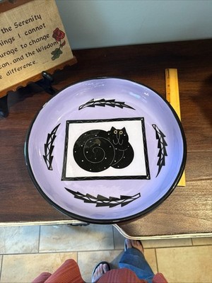 Alison Palmer Studio Pottery Polka Dot Purple and Black Cat art deco bowl