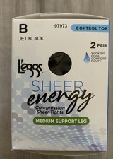 L'eggs Sheer Energy Women's Control Top 2 pair Pantyhose Size B Jet Black. NWT