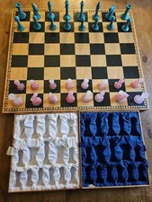 Carved Soapstone and/Or Alabaster Chess Set with Playing Board and Storage Case
