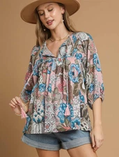 Umgee Women's Boho Floral Print Tassel-Tie Neck 3/4 Sleeve Top 