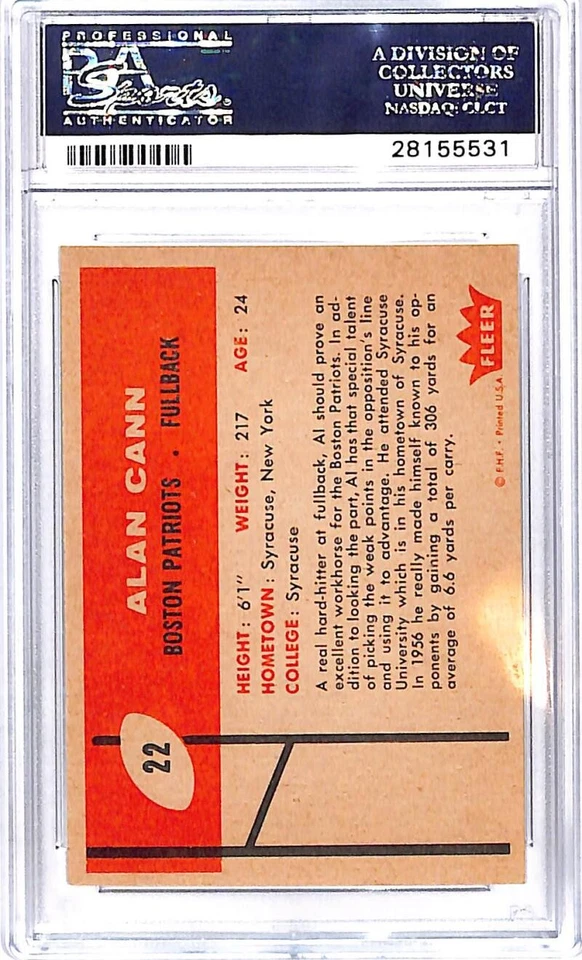 1960 Fleer #22 Alan Cann Boston Patriots Football Card PSA 8 NM-MT ID:45910 - Image 2 of 2