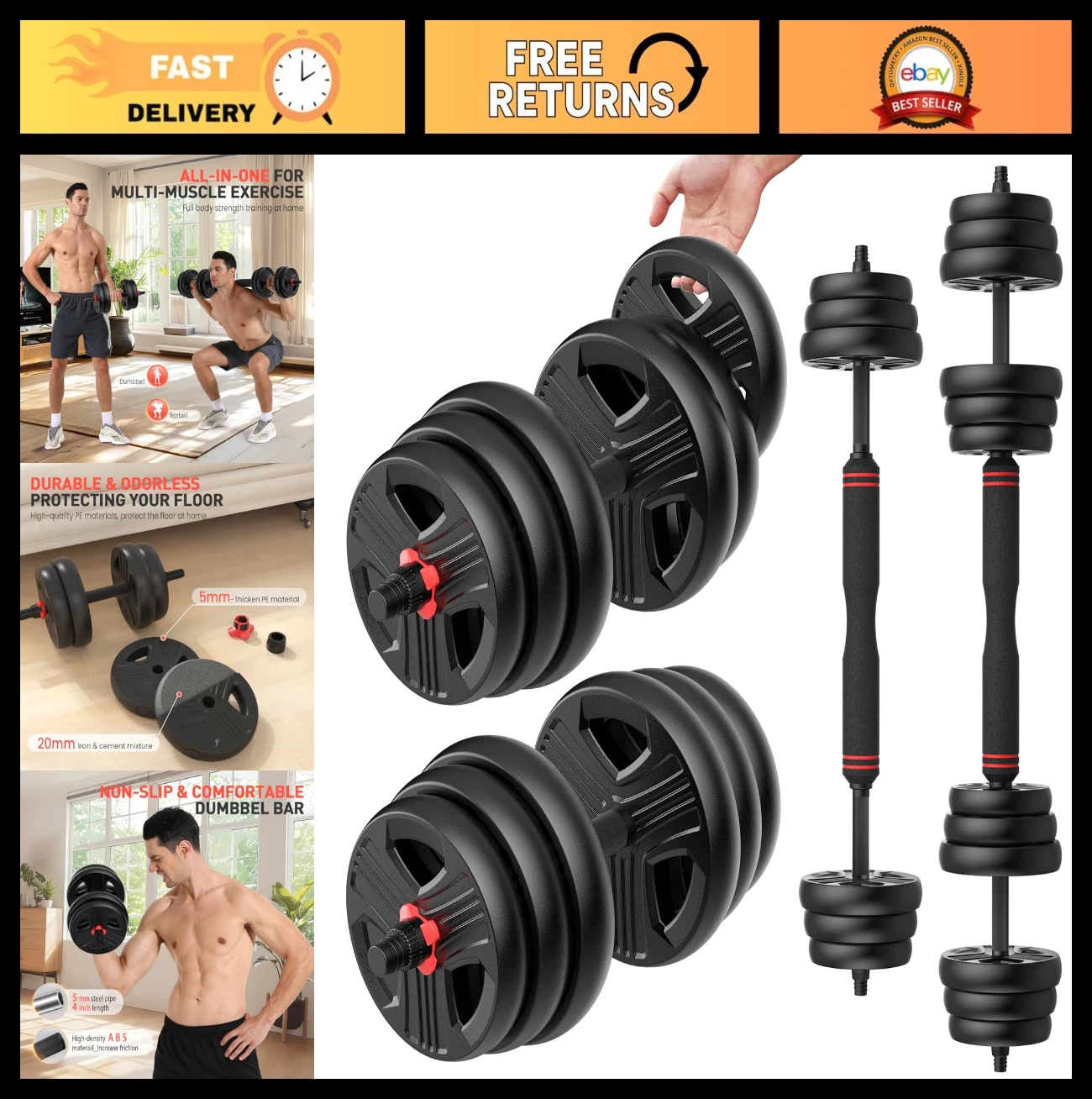 Adjustable Dumbbell Set 20-80lbs, 2-in-1 Barbell & Kettlebell for Home Gym Fitne