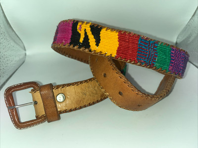 Vintage Guatemalan Leather And Fabric Belt Vintage Leather Woven Fabric Belt Guatemala Folk Art Women main image 4