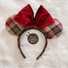 Tokyo Disney 2025 Red Bow Plaid Check Headband Minnie Ears Japan - Fast Ship