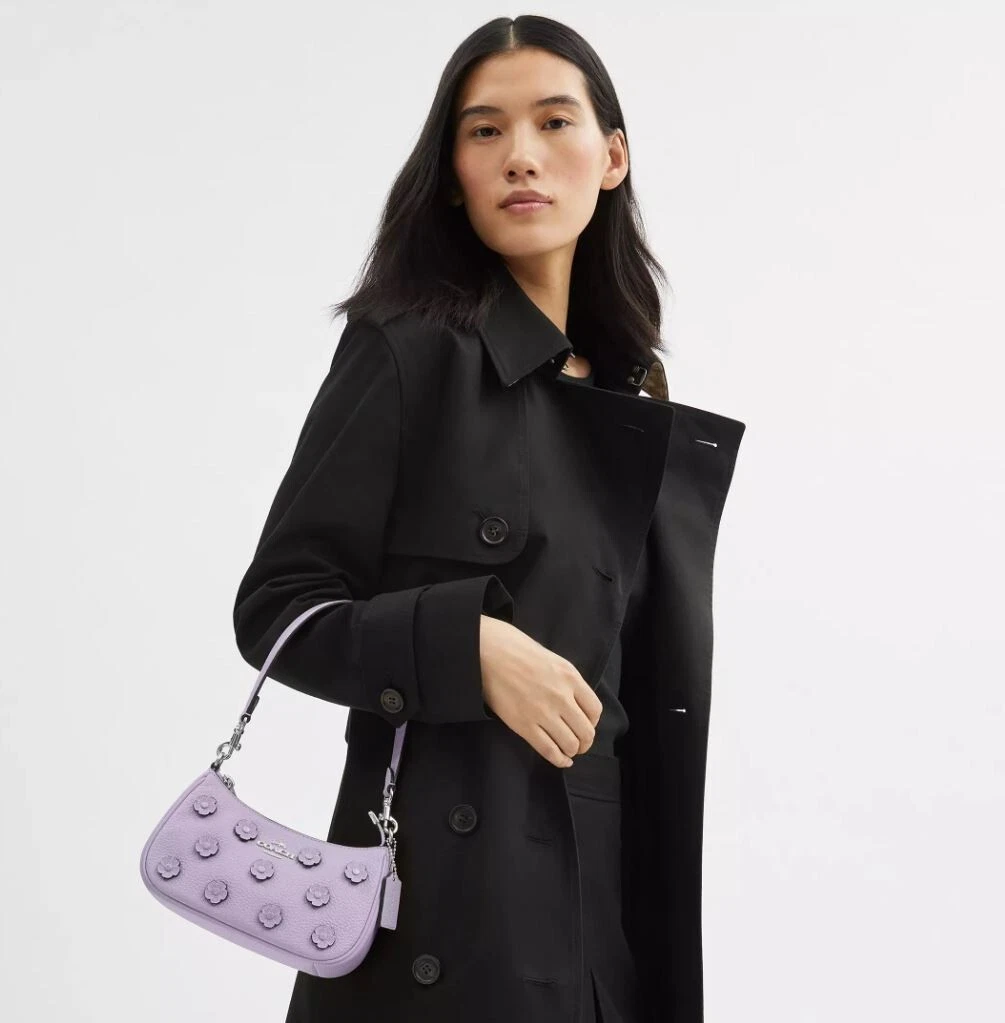 Borsa a tracolla Coach CAJ98 Teri Mini nuova con etichetta con applicazione floreale argento lilla