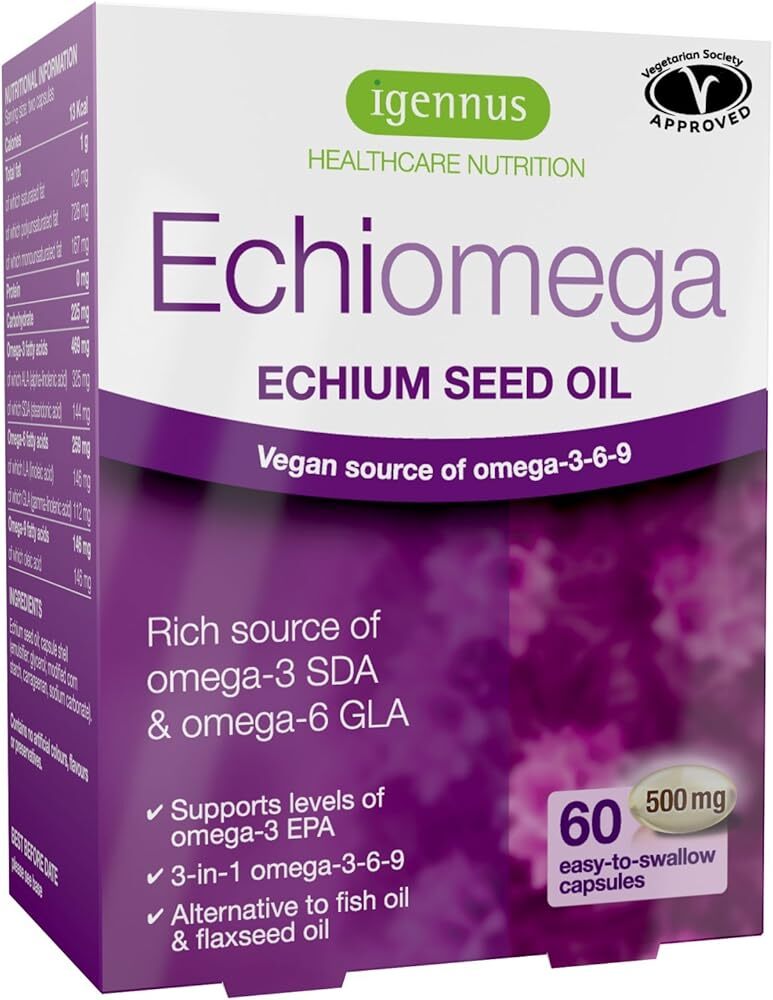 Echiomega Vegan Triple Omega 3 6 9 500 mg, Echium Seed Oil, EFA Supplement fo...