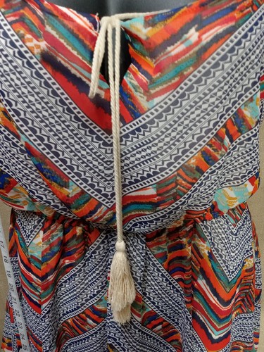 Love Reign Sz Large Geometric Print, Blue Red Orange Handkerchief Hemline Dress - Picture 14 of 15