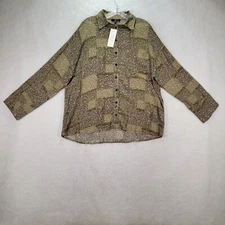 Win Win Womens Top Size S Green Floral Collared Button Up NEW Oversized Blouse