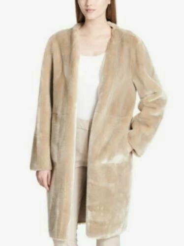 Calvin Klein Faux Fur Coat long length Reversible Faux Shearling in Beige Sand M - Image 3 of 4