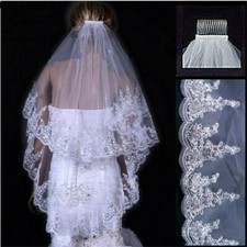 Bridal Wedding Veil Elbow 2 Layer Ivory Lace Edge Applique Sequin with Comb Chic