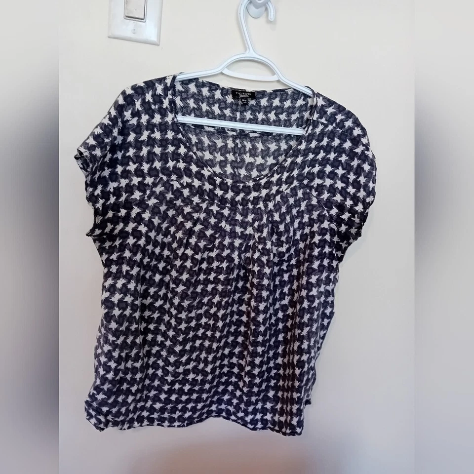 Blusa Talbots Petites Talla Grande Estampado Pata de Gallo Estrella 100% Seda Monocromo 14W Foto 3 de 4
