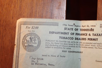 tennessee tobacco license Vintage 1953 State of Tennessee Tobacco License Jay Orick's Place  LaFollette