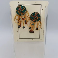 Vtg Lunch at the Ritz Enamel Oaxacan Warrior Clip Earrings Gold Tone Statement