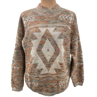 Vintage Bedford Fair Aztec Knit Sweater Mock Neck Beige Colorful Marled Small