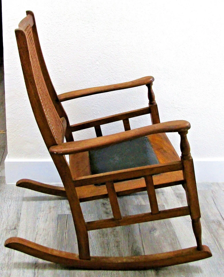 Antique Mission Style Oak Cane Back Black Leather Seat Rocking Chair - Image 4 of 4