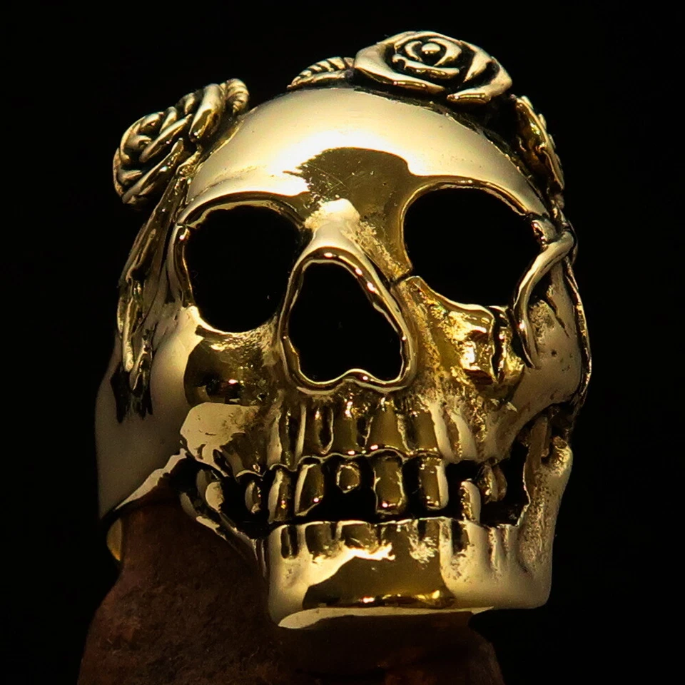 GRANNY SKULL 戒指,自行车戒指,骷髅玫瑰领 8 码 - 实心黄铜 — 第 3/4 张图片