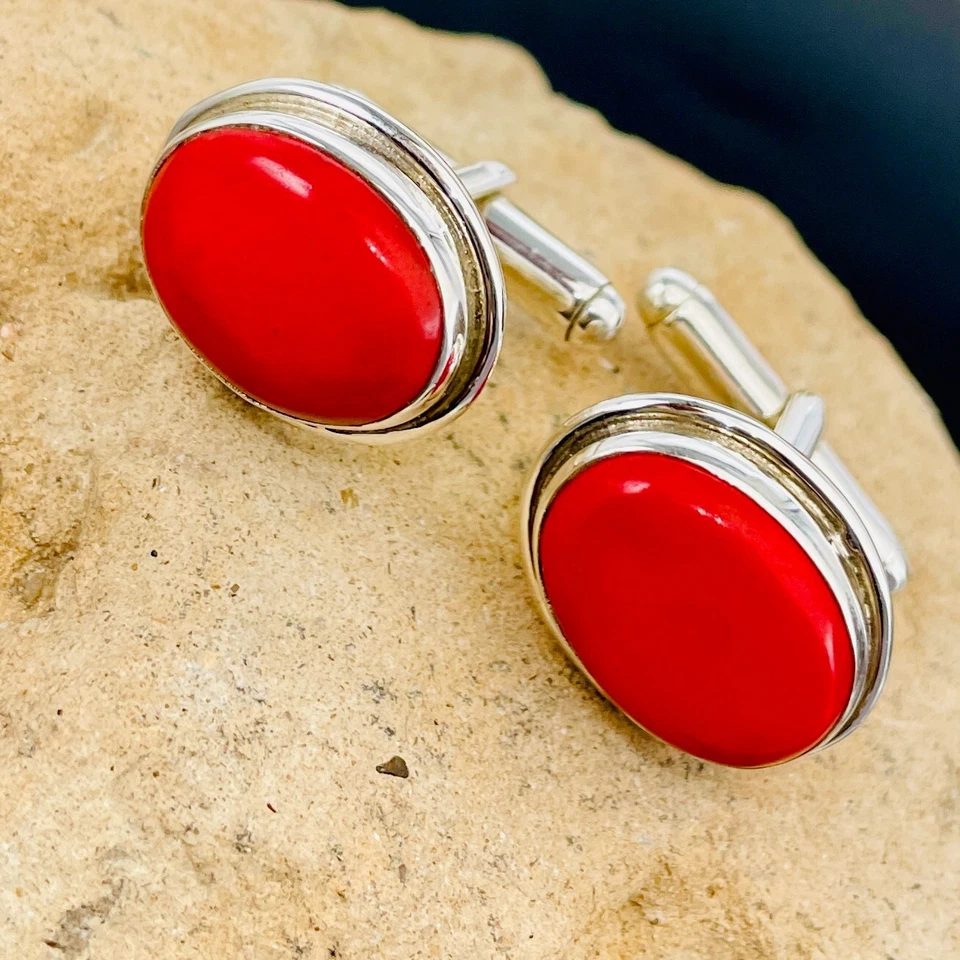 Винтажные запонки из красного коралла — безель из чистого серебра, овальный кабошон, мужские ювелирные изделия - Изображение 3 из 4