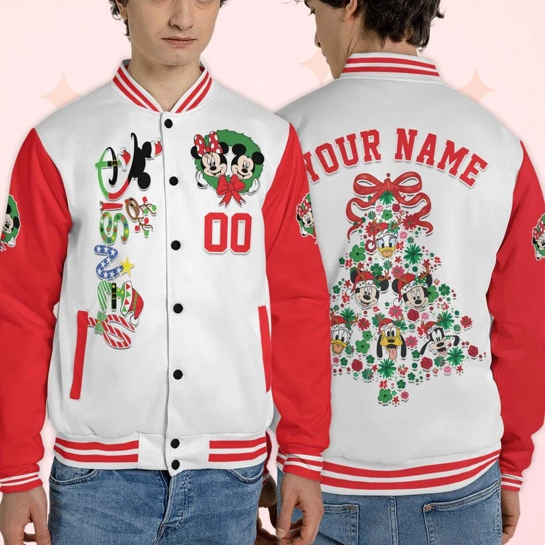 Custom Mickey & Friends Christmas Tree Festive Holiday Xmas Baseball Jacket