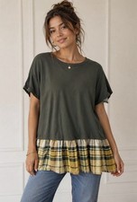 Emerald Plaid Patchwork Layered Boho Tunic Top Green Yellow Women’s Medium NWOT