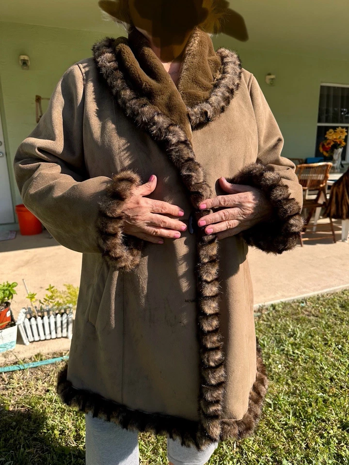 Abrigo Jones New York Tostado Imitación Gamuza Piel Capucha Reversible XL Largo Medio Invierno Foto 4 de 4