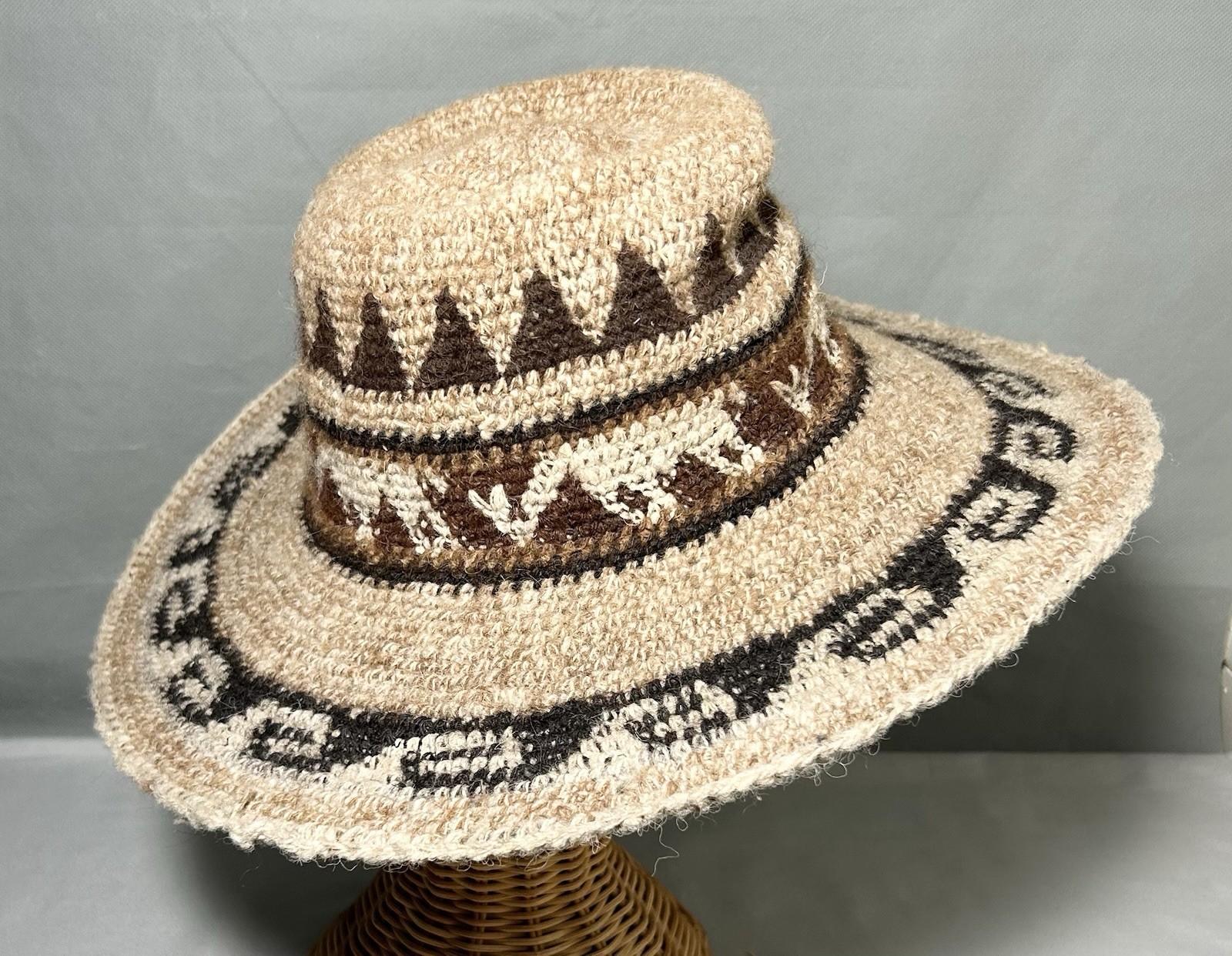Vtg Rare Peruvian WOOL  HAT Western Hand Woven Aztec & Alpaca Design Wire Brim image 6