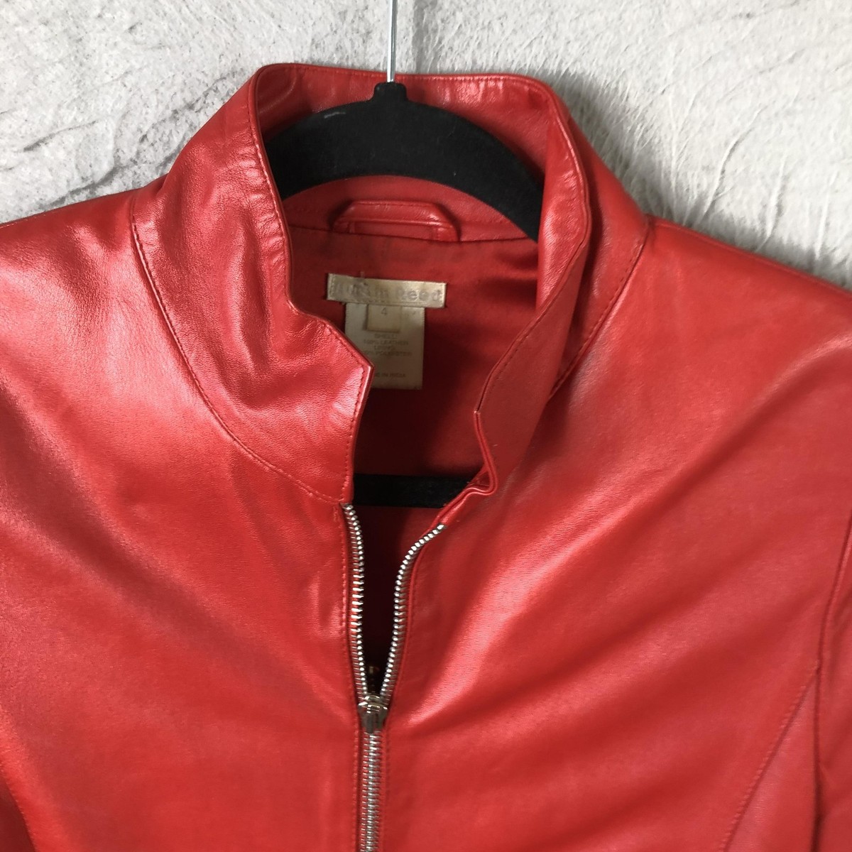Austin Reed Jacket Womens 4 Red Leather Zip Front Stand Collar