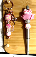 HAND MADE BEAD PEN AND BEAD KEY CHAIN  INK REFILL-  pink
