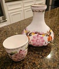 Sta Ma Ceramic Whater Bottle w/Cup Hand Painted Decorative Mexico Vintage 