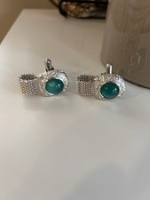 Vintage Swank Silver Tone Mesh Green Oval Stone Cuff Links Marked fabulous