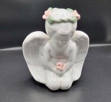 Vintage White Porcelain Cherub with Flower Halo Angel Figurine Kneeling 3.75  T