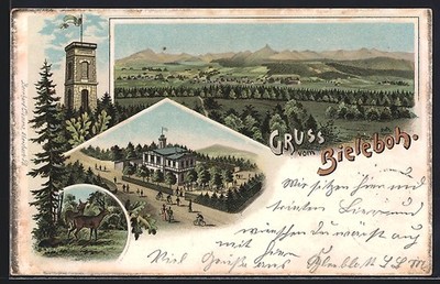 Lithographie Beiersdorf, Gasthaus Bieleboh, Totalansicht und Aussichtsturm 1898 